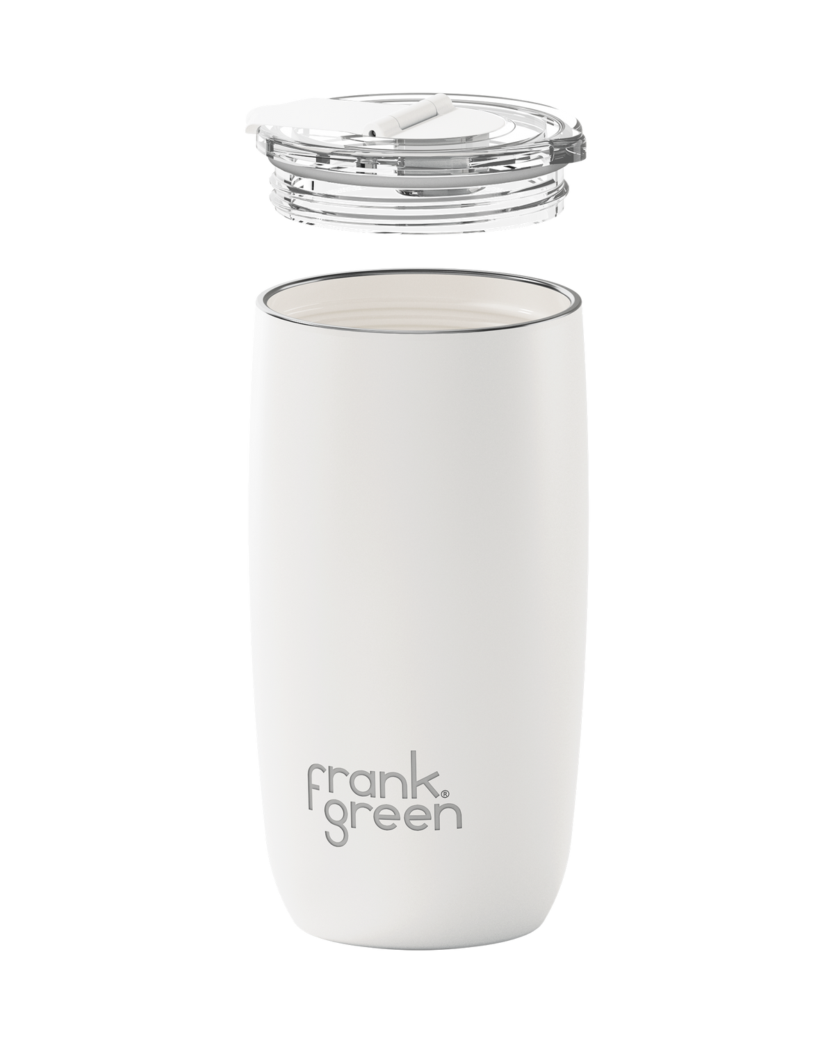 A white insulated travel tumbler with a clear lid, shown on a clean white background. The brand name 'frank green' is printed in gray near the bottom.