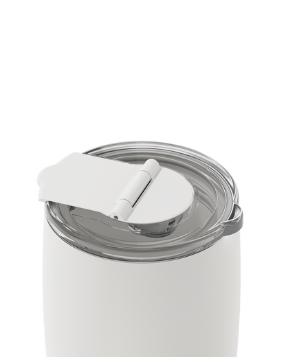 Close-up of a white insulated tumbler with a clear lid and white flip-top spout, shown on a clean white background.