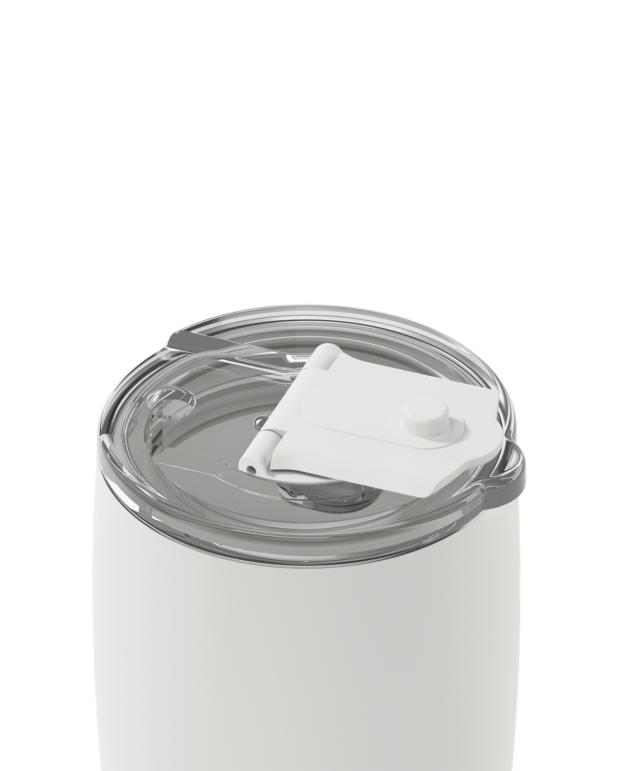 Close-up of a white insulated tumbler with a clear lid and a white flip-straw cover, shown on a clean white background.