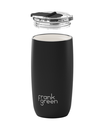 A matte black insulated tumbler with a clear lid and black flip-top straw, shown on a plain white background. The brand name 'frank green' is printed in white near the bottom.
