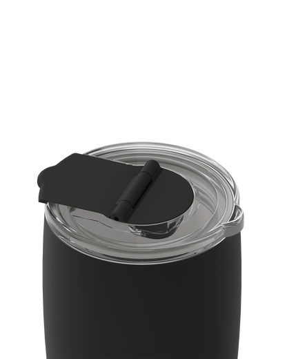 Close-up of a dark brown insulated tumbler with a clear lid and a matching dark brown flip-top straw cover, shown on a plain white background.