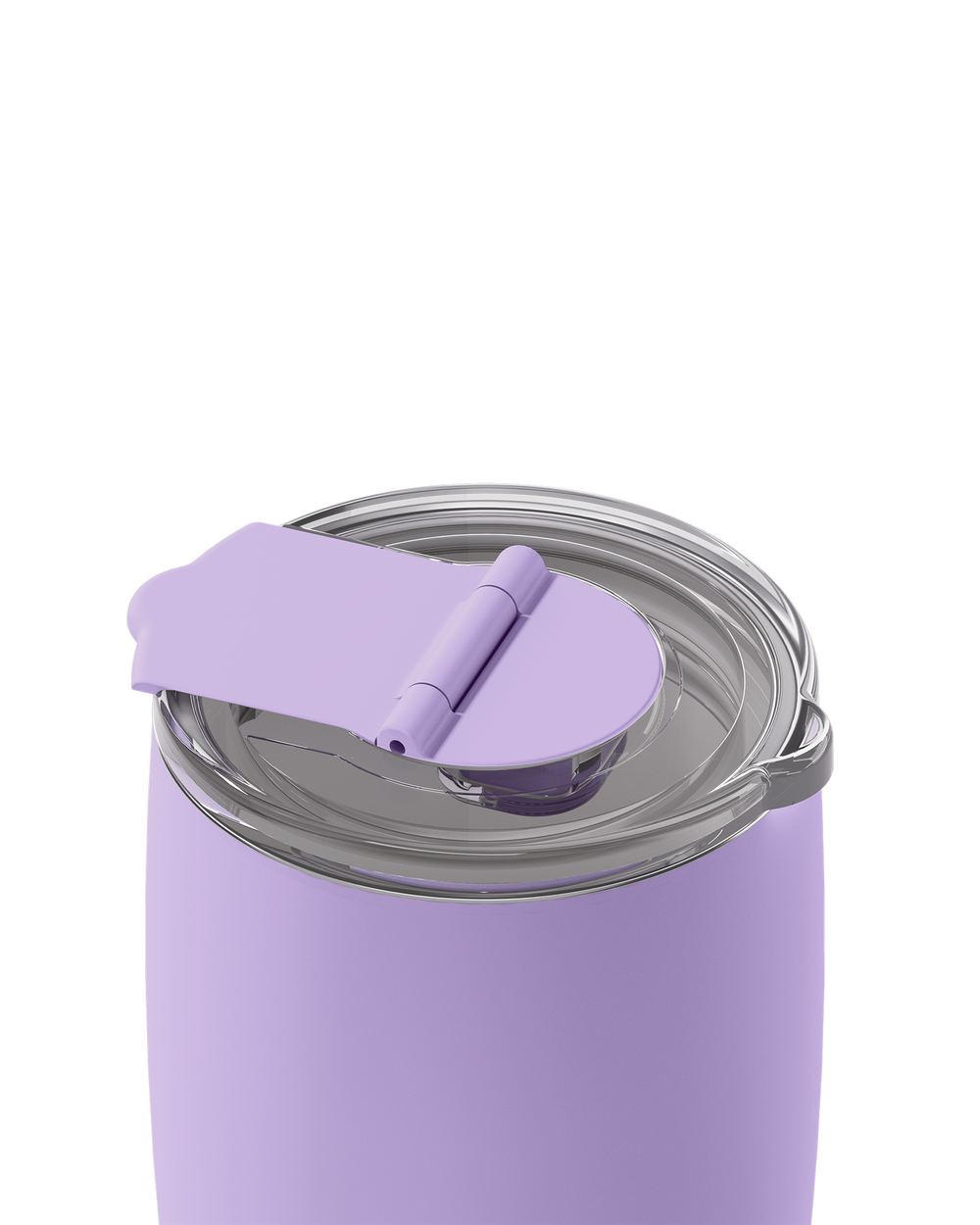 A close-up of a lavender purple insulated tumbler with a clear lid and matching purple flip-top spout, shown on a plain white background.