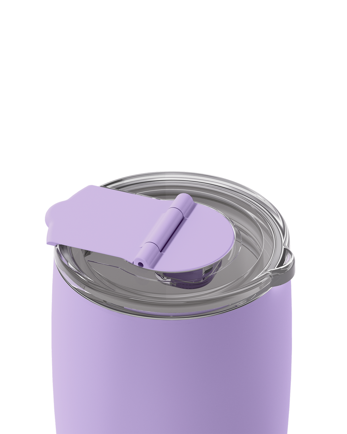 A close-up of a lavender purple insulated tumbler with a clear lid and matching purple flip-top spout, shown on a plain white background.