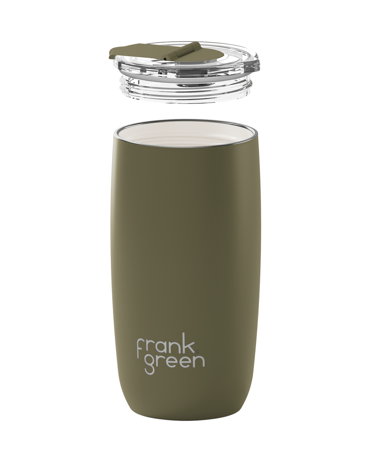 An olive green insulated tumbler with a clear lid and flip straw, shown on a solid white background. The brand name 'frank green' is printed in white near the bottom.