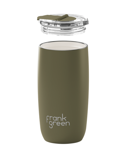 An olive green insulated tumbler with a clear lid and flip straw, shown on a solid white background. The brand name 'frank green' is printed in white near the bottom.
