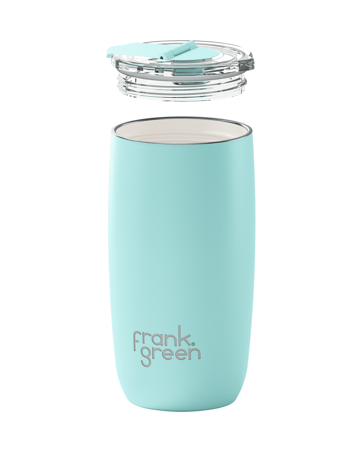 An olive green insulated tumbler with a clear lid and mint green straw, shown floating against a solid white background. The brand name 'frank green' is printed in gray near the bottom.