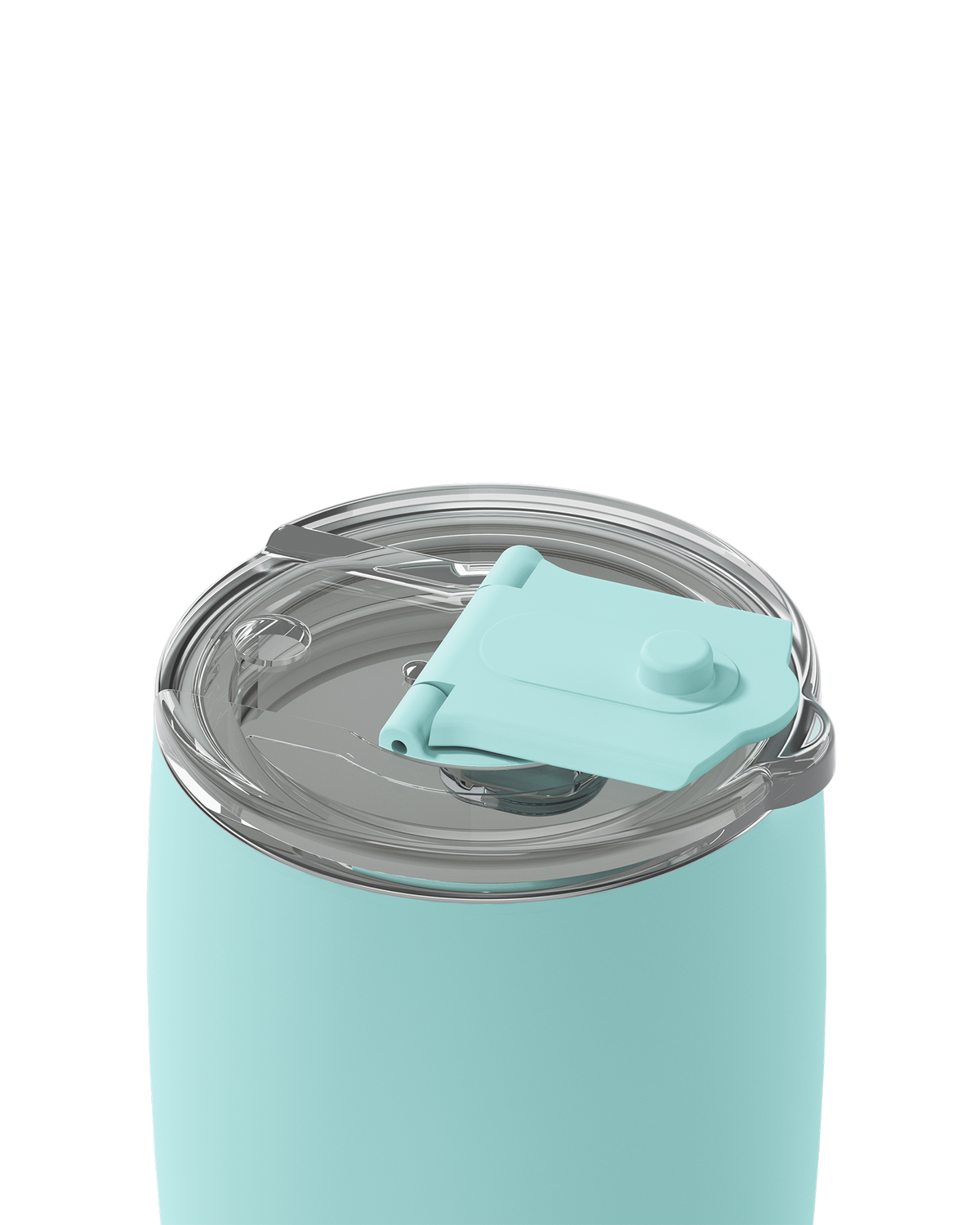 Close-up of a mint green insulated tumbler with a clear lid and a matching mint green flip-straw cover, shown on a white background.