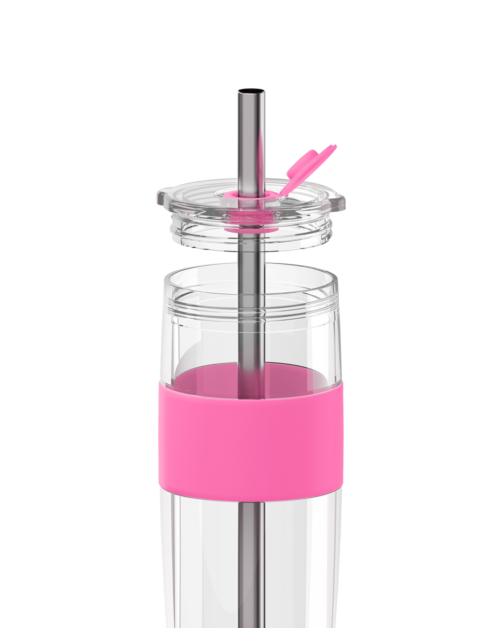 A clear plastic water bottle with a bright pink silicone sleeve and a stainless steel straw. The bottle is shown disassembled, with the lid and straw components separated above the main body, set against a plain white background.