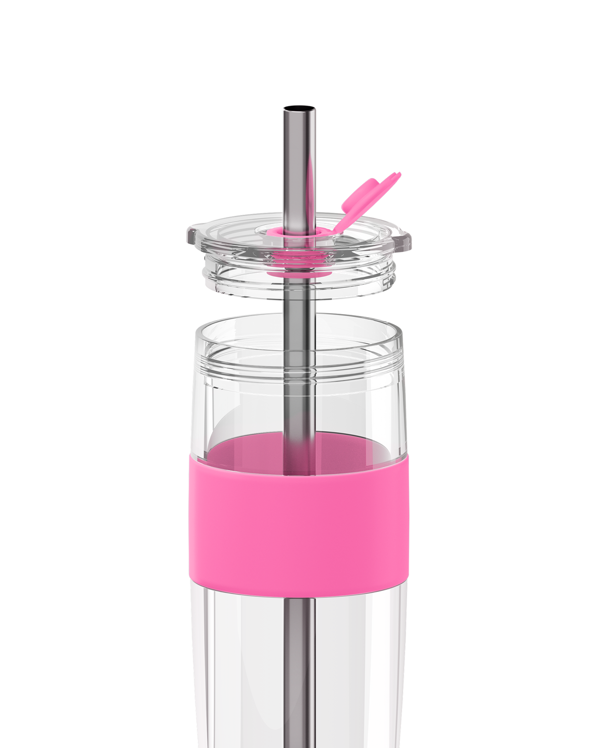 A clear plastic water bottle with a bright pink silicone sleeve and a stainless steel straw. The bottle is shown disassembled, with the lid and straw components separated above the main body, set against a plain white background.