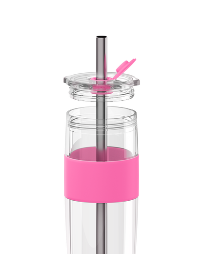 A clear plastic water bottle with a bright pink silicone sleeve and a stainless steel straw. The bottle is shown disassembled, with the lid and straw components separated above the main body, set against a plain white background.