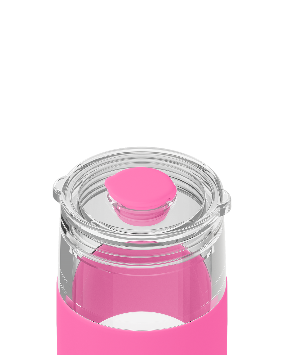 Close-up of a pink insulated bottle with a clear lid and a bright pink flip-top straw cap, shown on a white background.
