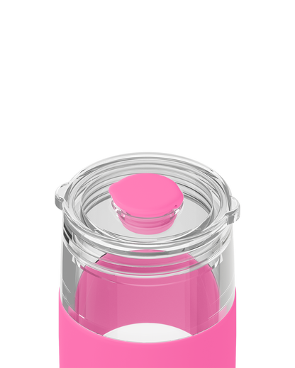 Close-up of a pink insulated bottle with a clear lid and a bright pink flip-top straw cap, shown on a white background.