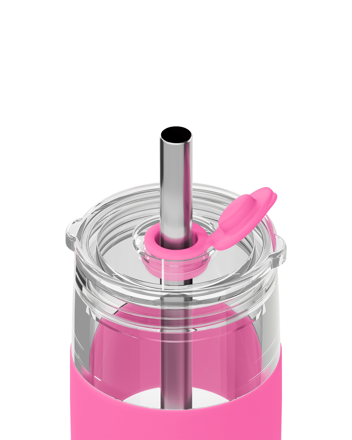 Close-up of a pink insulated tumbler with a clear lid, stainless steel straw, and bright pink silicone sleeve on a white background.