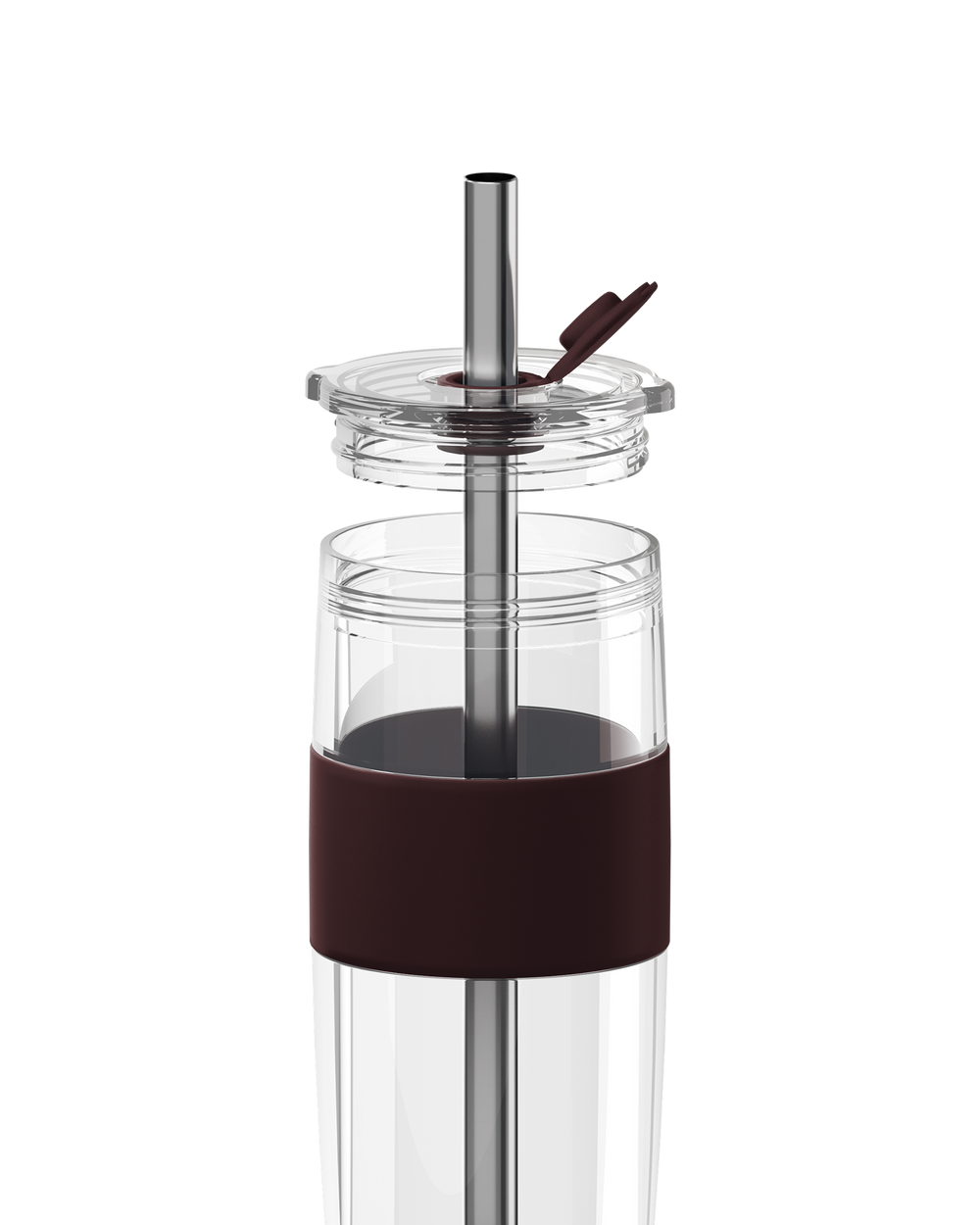 A clear glass water bottle with a dark brown silicone sleeve and a stainless steel straw with a matching brown flip-top lid, shown on a solid white background.