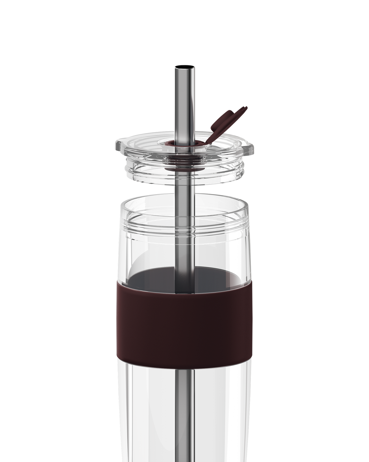 A clear glass water bottle with a dark brown silicone sleeve and a stainless steel straw with a matching brown flip-top lid, shown on a solid white background.