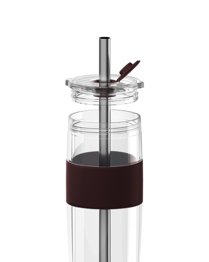 A clear glass water bottle with a dark brown silicone sleeve and a stainless steel straw with a matching brown flip-top lid, shown on a solid white background.