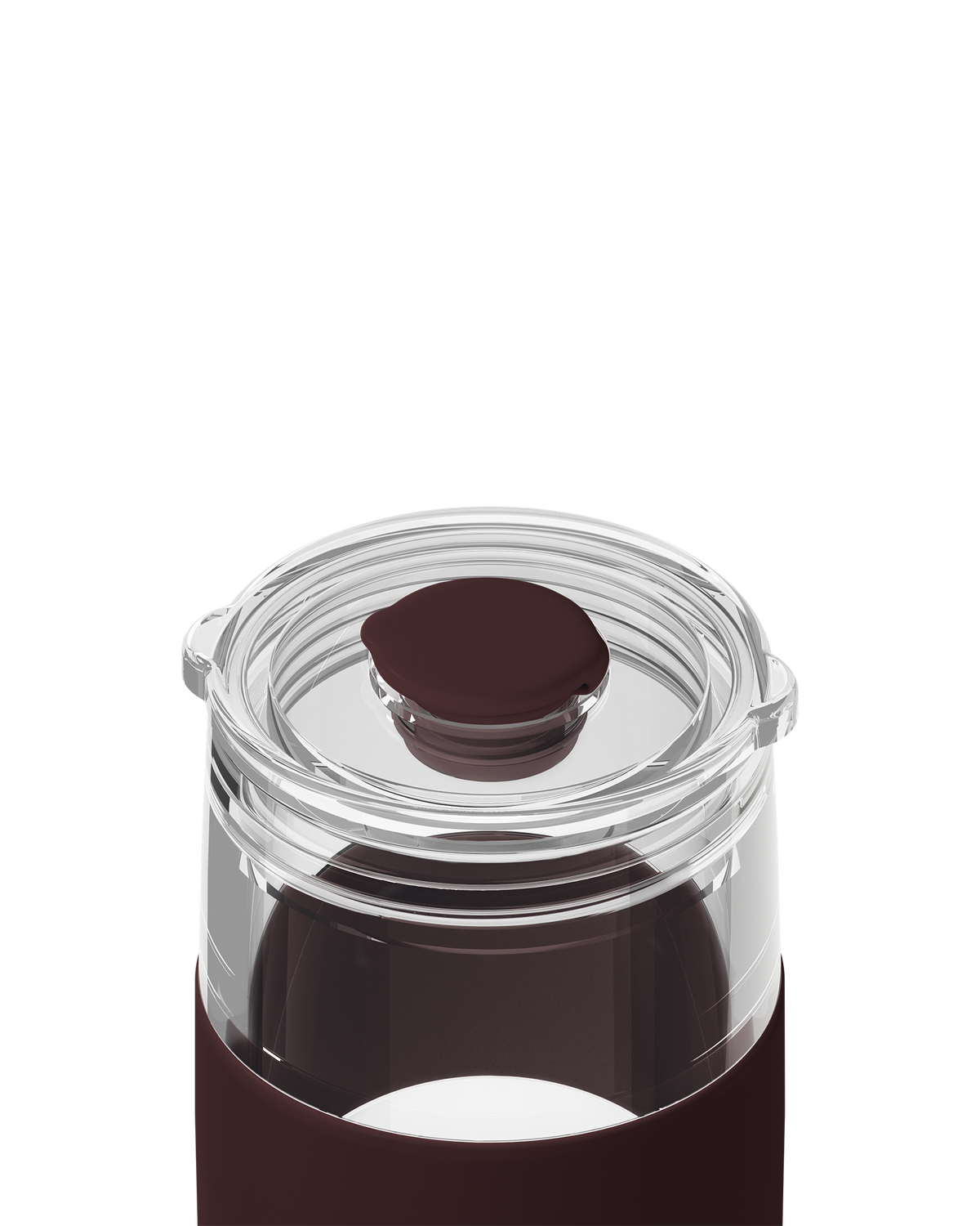 Close-up of a clear glass bottle with a dark brown silicone sleeve and a matching dark brown lid, shown on a white background.