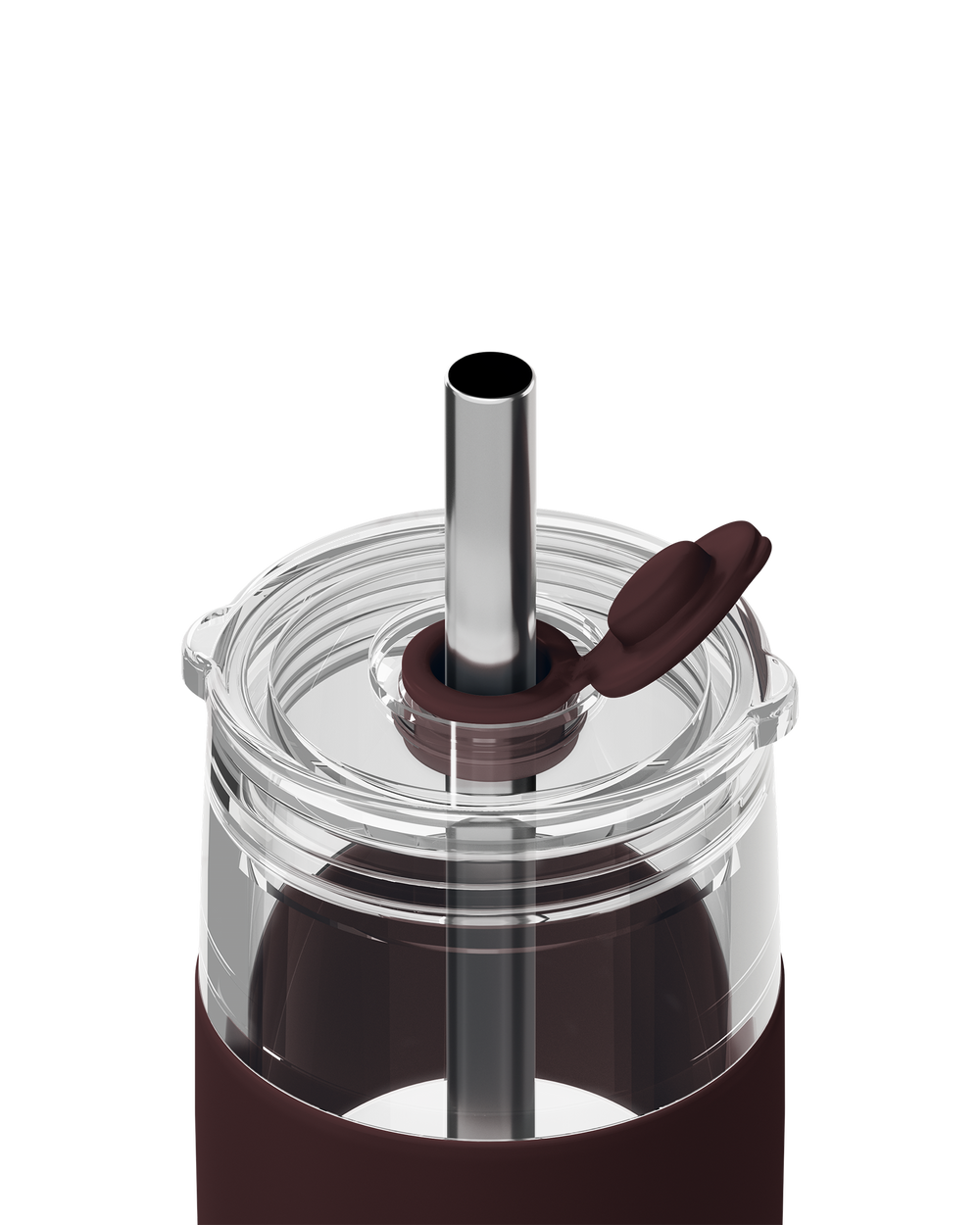 Close-up of a clear glass tumbler with a dark brown silicone sleeve, a clear lid, a stainless steel straw, and a small flip-up lid, shown on a white background.