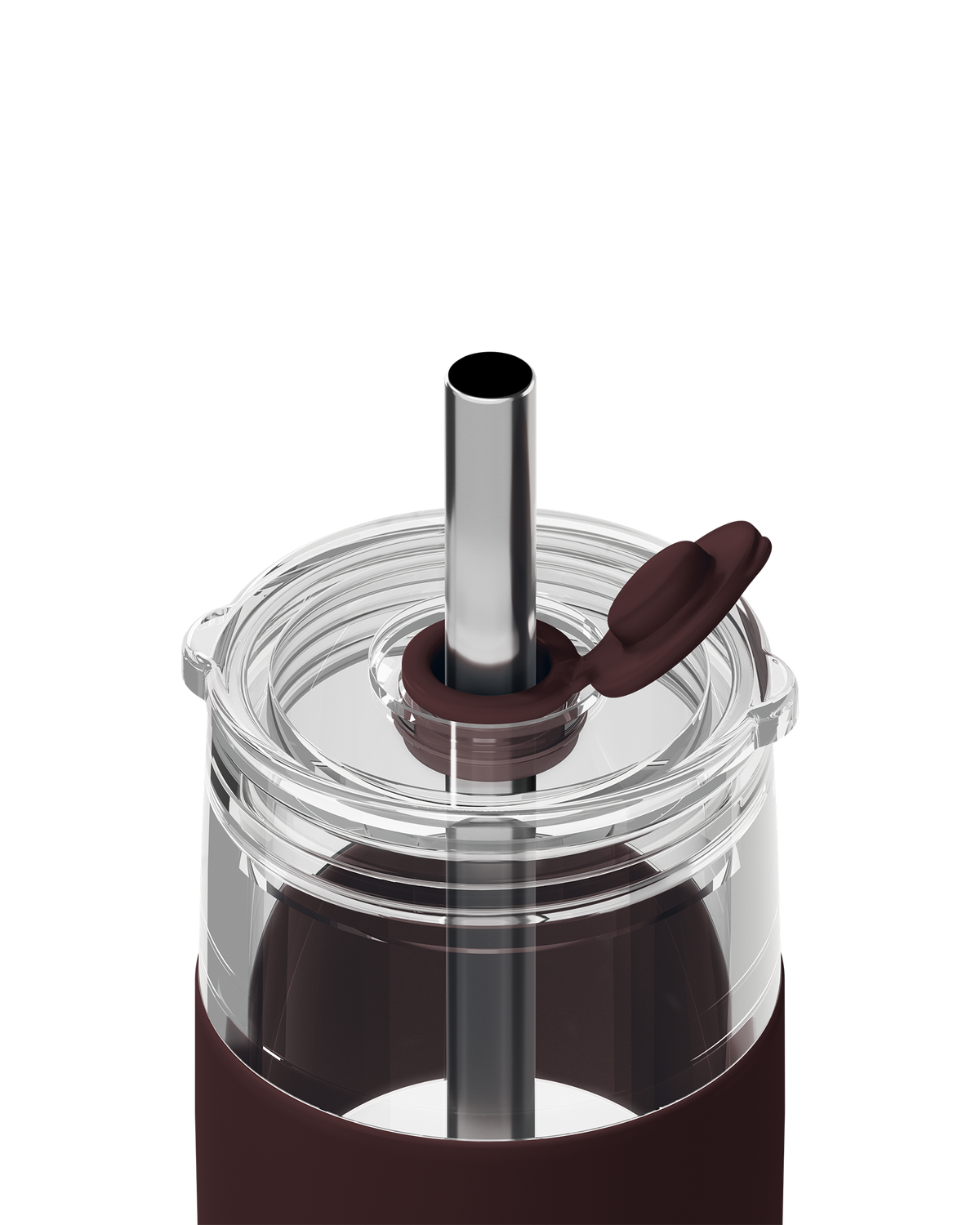 Close-up of a clear glass tumbler with a dark brown silicone sleeve, a clear lid, a stainless steel straw, and a small flip-up lid, shown on a white background.