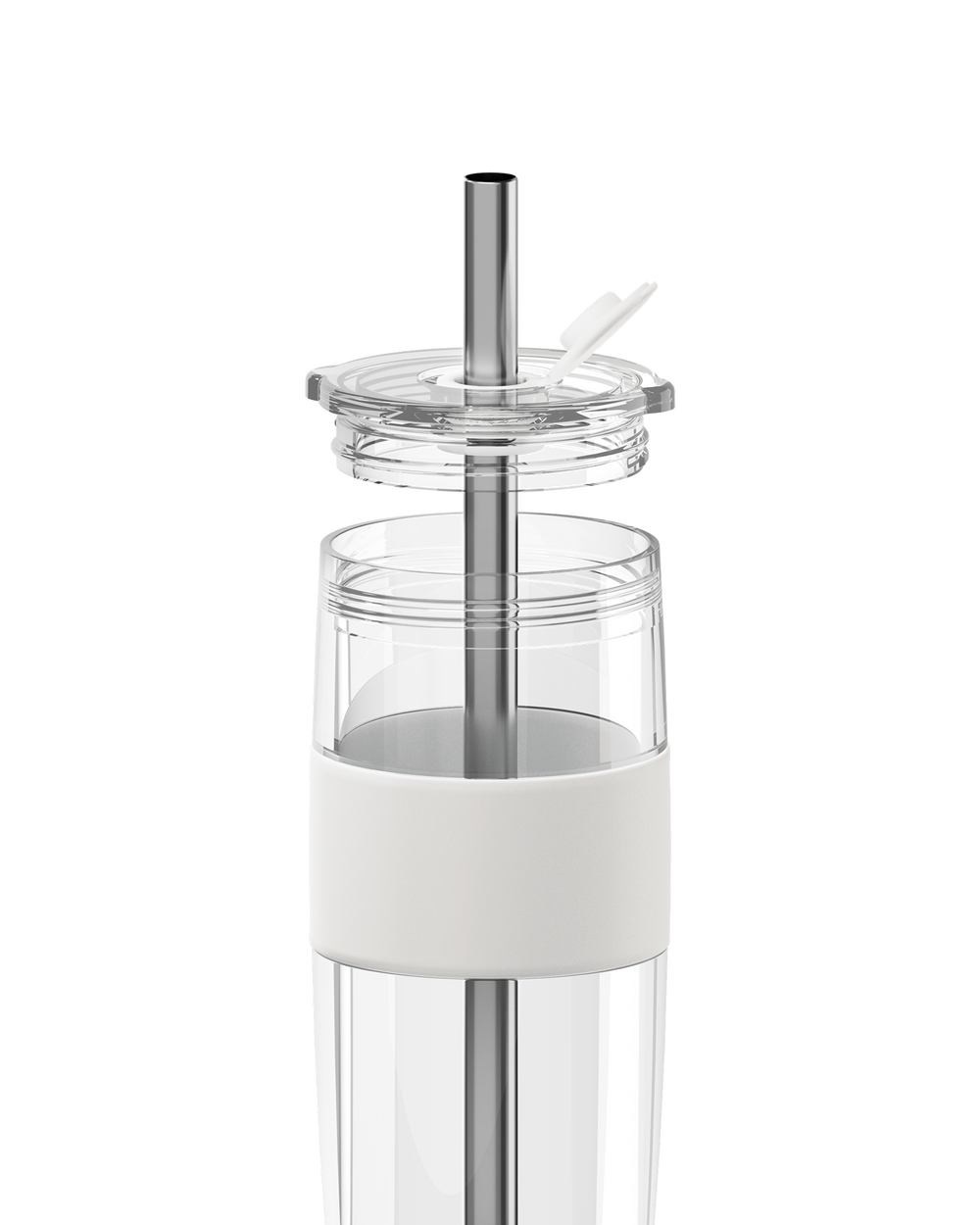 A clear glass water bottle with a white silicone sleeve and a stainless steel straw lid, shown on a solid white background.