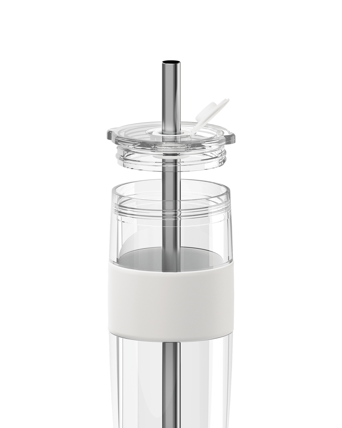A clear glass water bottle with a white silicone sleeve and a stainless steel straw lid, shown on a solid white background.