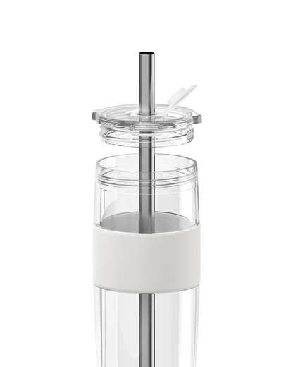 A clear glass water bottle with a white silicone sleeve and a stainless steel straw lid, shown on a solid white background.