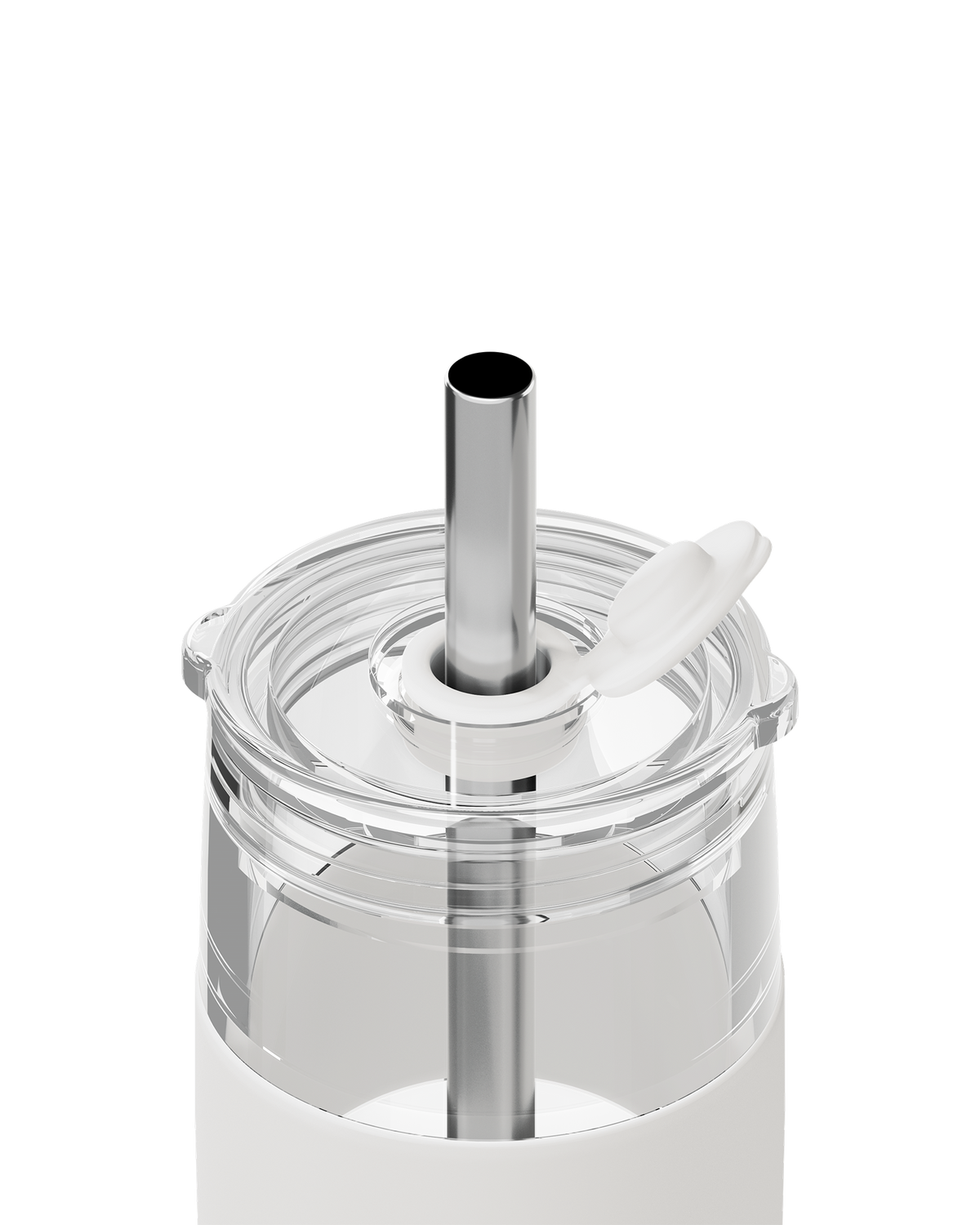 Close-up of a clear plastic tumbler with a stainless steel straw and a white flip-top lid, shown on a white background.