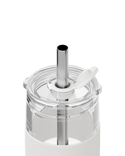 Close-up of a clear plastic tumbler with a stainless steel straw and a white flip-top lid, shown on a white background.