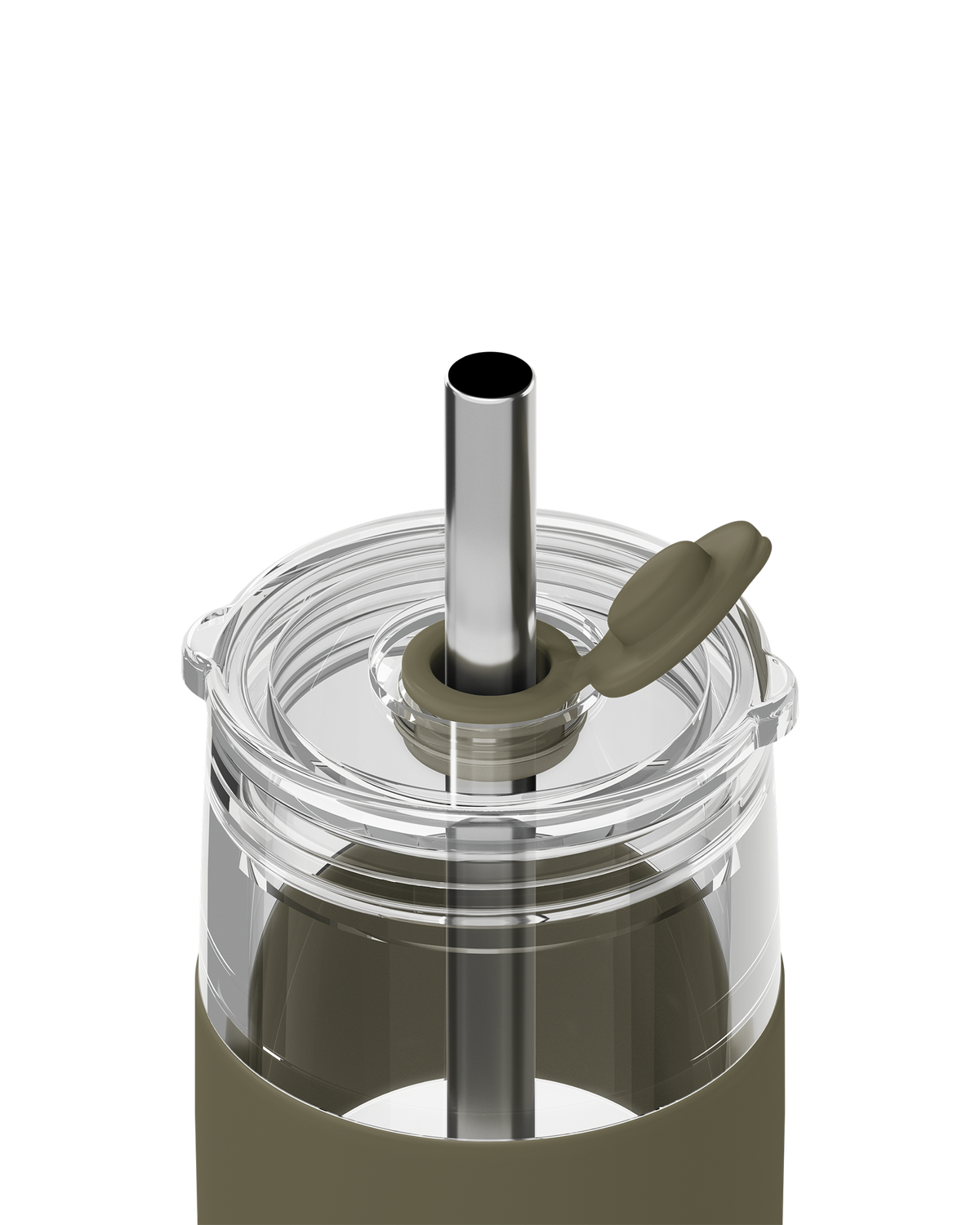 Close-up of a clear plastic tumbler with a matte olive green silicone sleeve, a clear lid, a stainless steel straw, and an olive green flip-top straw cover on a white background.