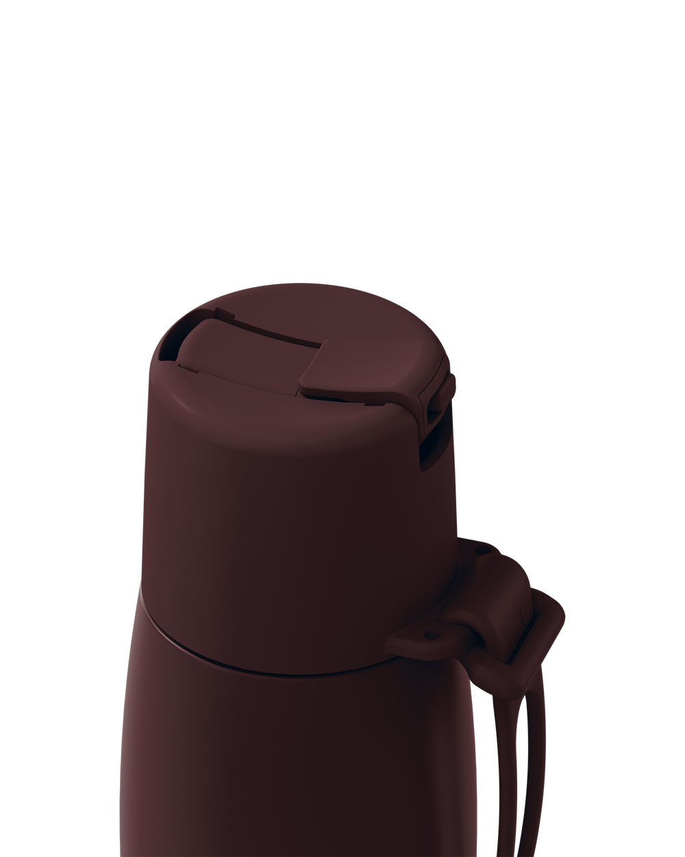 Close-up of a dark brown vacuum-insulated bottle or thermos with a matching lid and small carrying loop, shown on a plain white background.