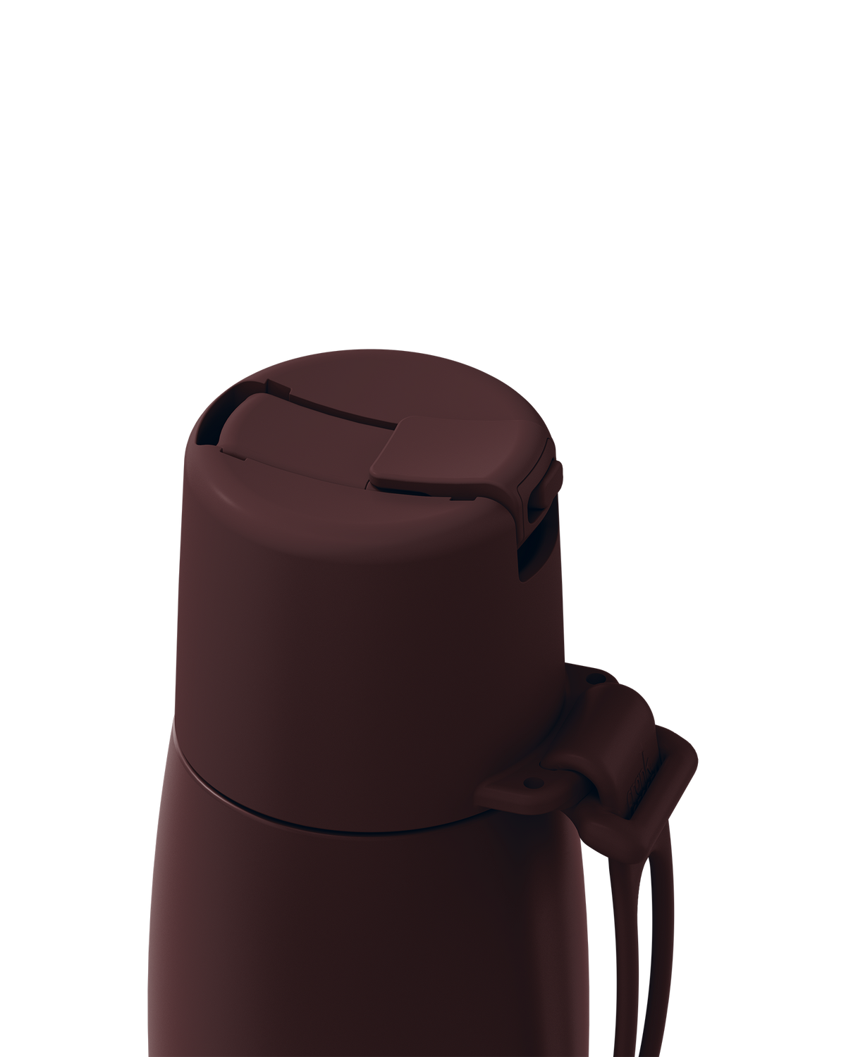 Close-up of a dark brown vacuum-insulated bottle or thermos with a matching lid and small carrying loop, shown on a plain white background.