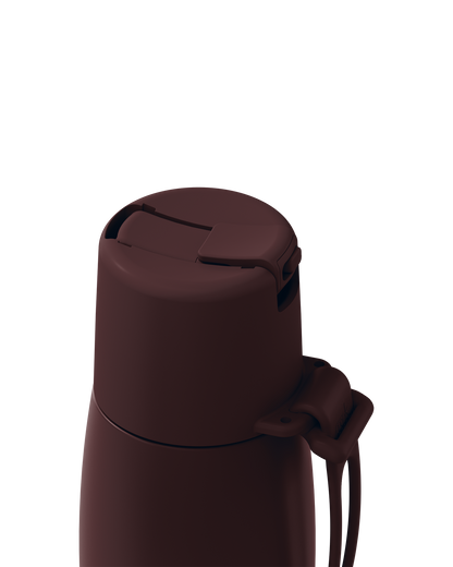 Close-up of a dark brown vacuum-insulated bottle or thermos with a matching lid and small carrying loop, shown on a plain white background.