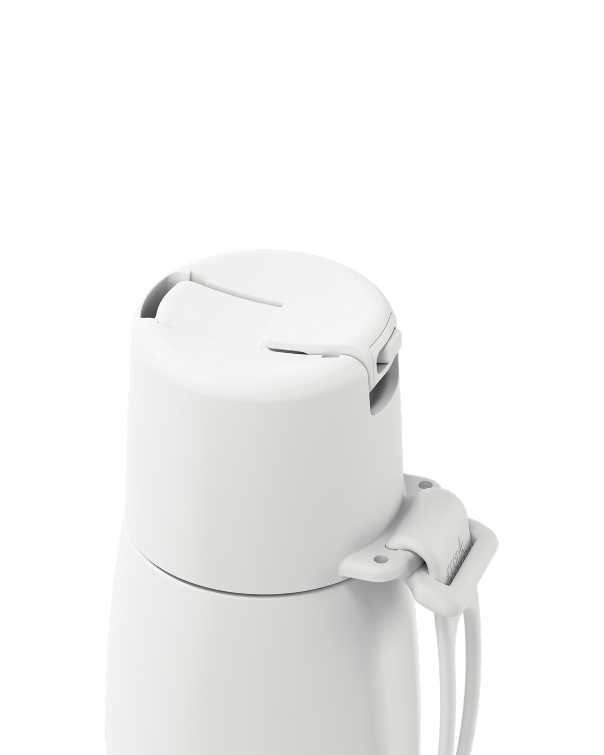 Close-up of a white insulated bottle lid with a flip-top spout and carrying loop on a clean white background.