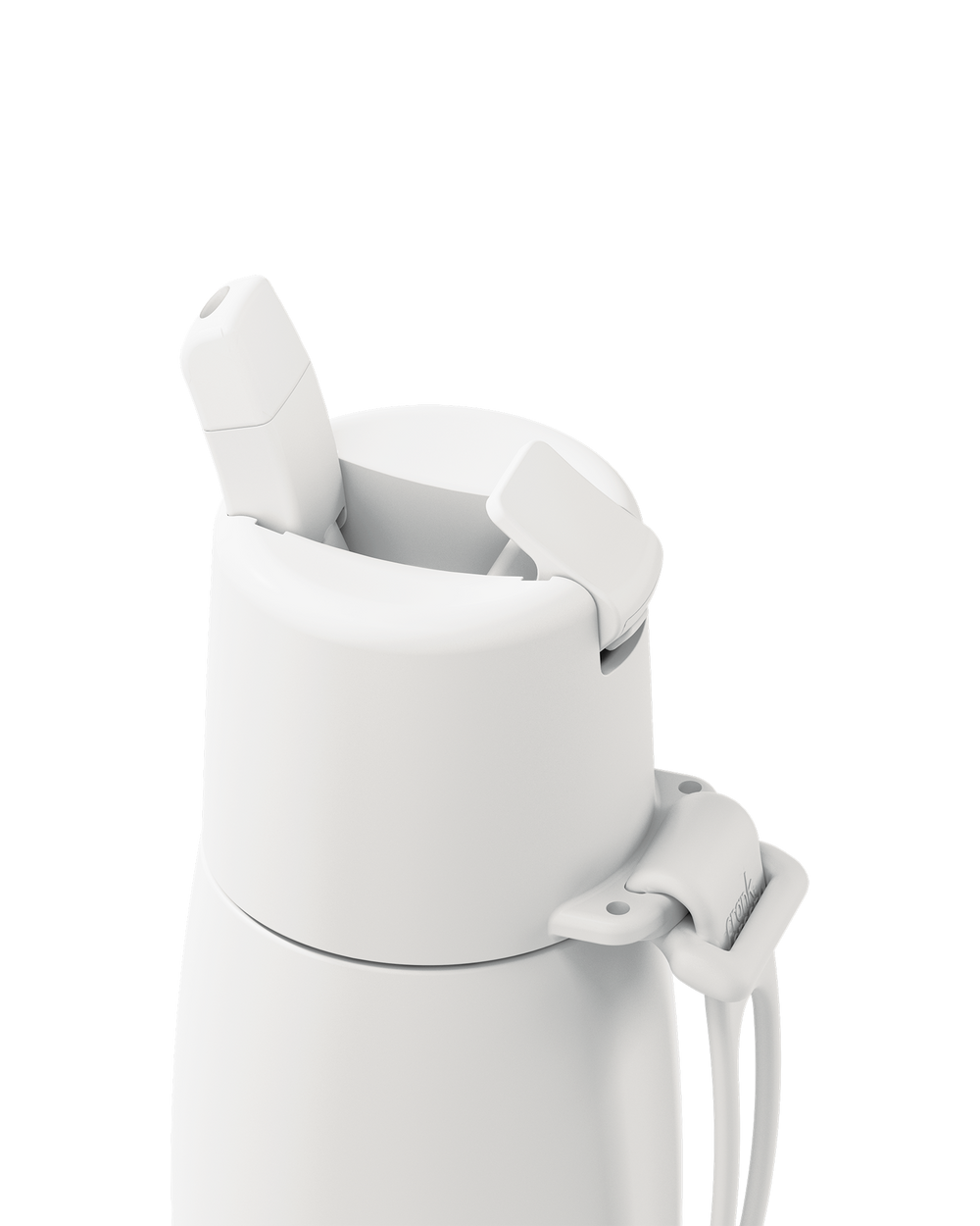 Close-up of a white insulated bottle lid with a flip-top straw opening and a carrying loop, shown on a clean white background.