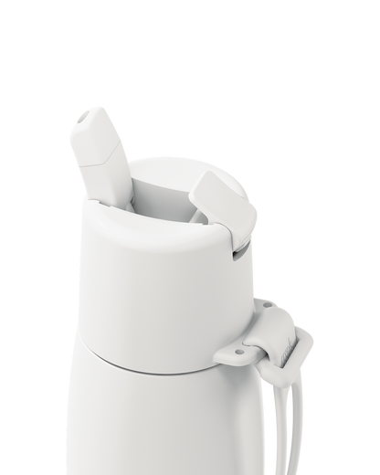 Close-up of a white insulated bottle lid with a flip-top straw opening and a carrying loop, shown on a clean white background.
