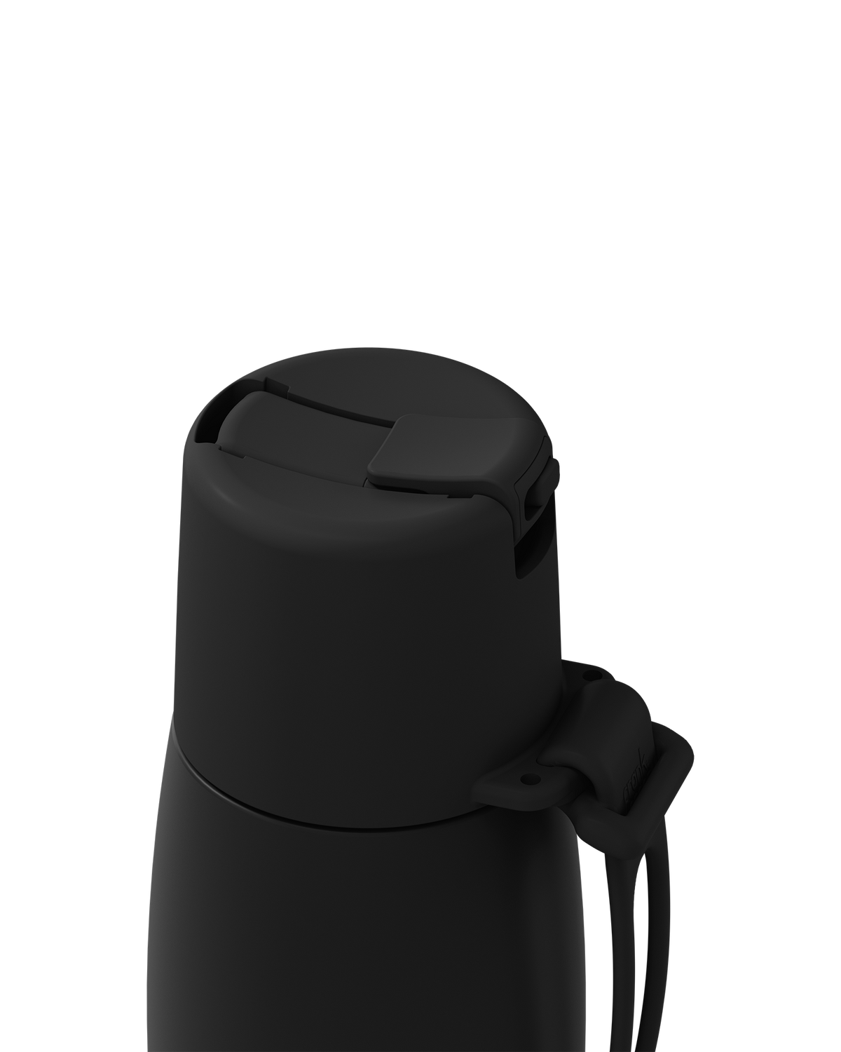 Close-up of a matte black insulated bottle with a matching black screw cap and a black carrying strap on a plain white background.