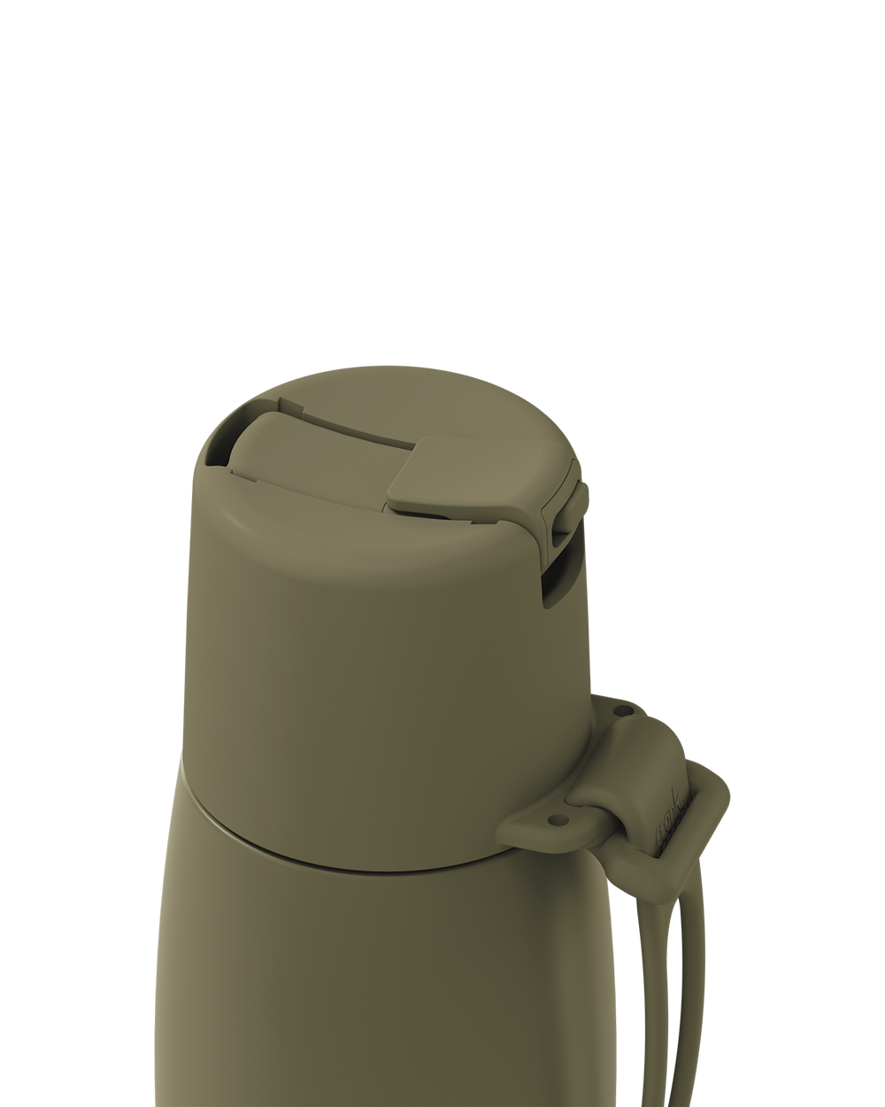 Close-up of a matte olive green insulated bottle lid with a flip-top spout and carrying loop, shown on a plain white background.