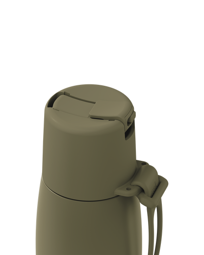 Close-up of a matte olive green insulated bottle lid with a flip-top spout and carrying loop, shown on a plain white background.