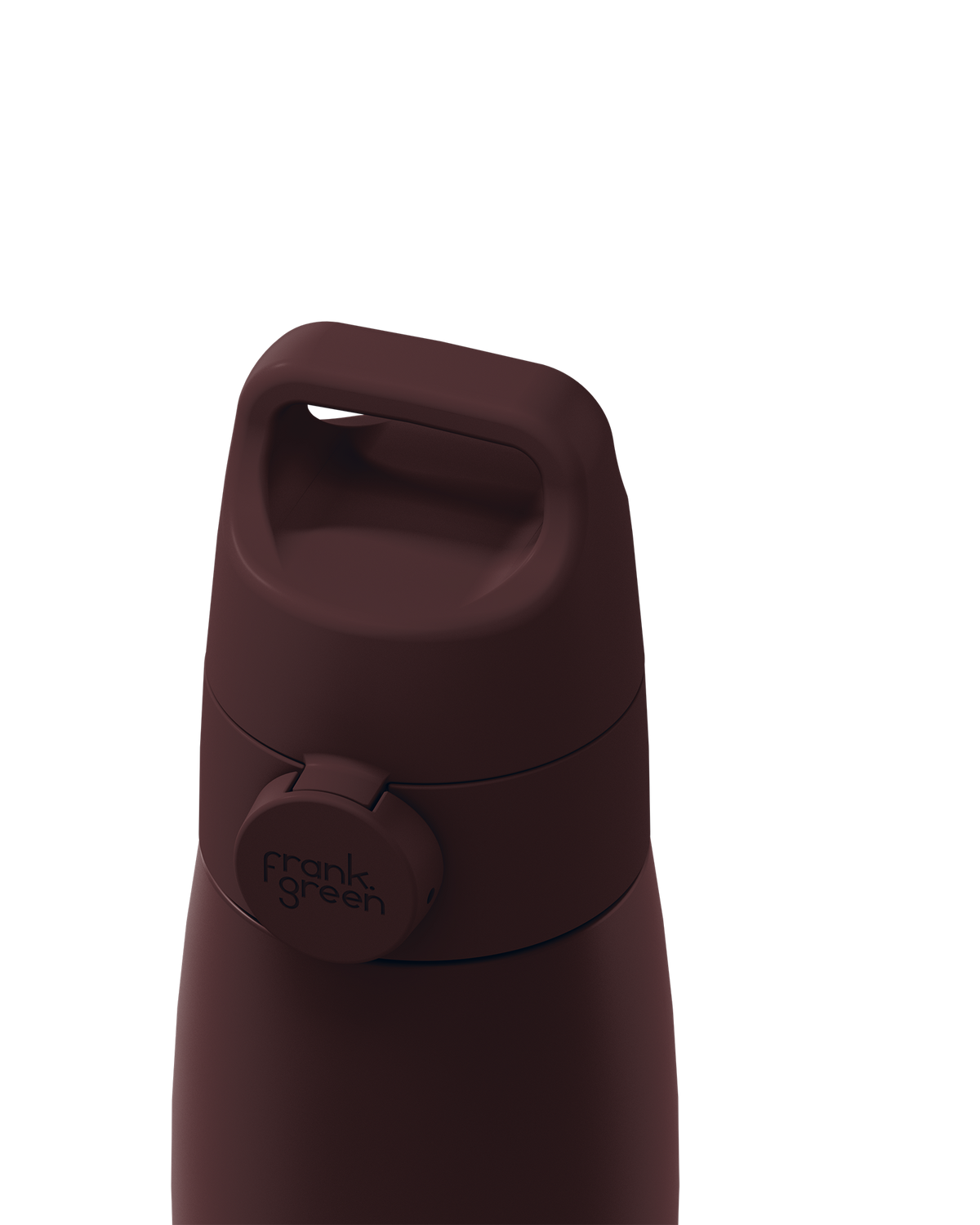 Close-up of a dark brown grip handle lid with a built-in carry handle and a circular 'frank green' logo tab, closed on the matching bottle against a plain white background.