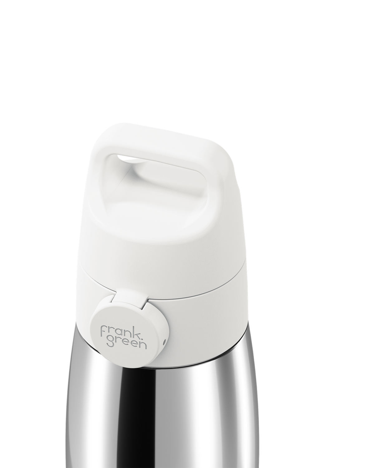 Close-up of a white grip handle lid with a built-in carry handle and a circular 'frank green' logo tab, closed on a polished stainless steel bottle against a plain white background.