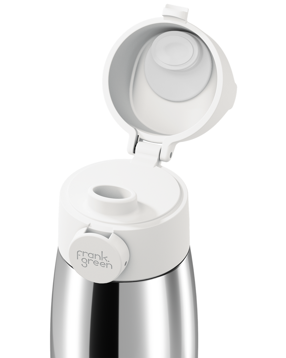 Close-up of a white grip handle lid flipped open on a polished stainless steel bottle, showing the white inner seal, drinking spout, and circular 'frank green' logo tab on a plain white background.