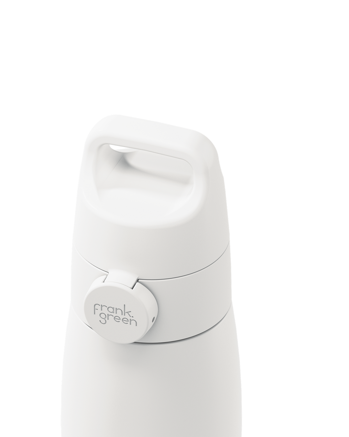 Close-up of a white grip handle lid with a built-in carry handle and a circular 'frank green' logo tab, closed on the matching bottle against a plain white background.