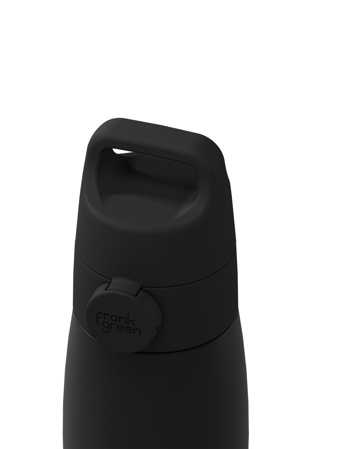 Close-up of a matte black grip handle lid with a built-in carry handle and a circular 'frank green' logo tab, closed on the matching bottle against a plain white background.