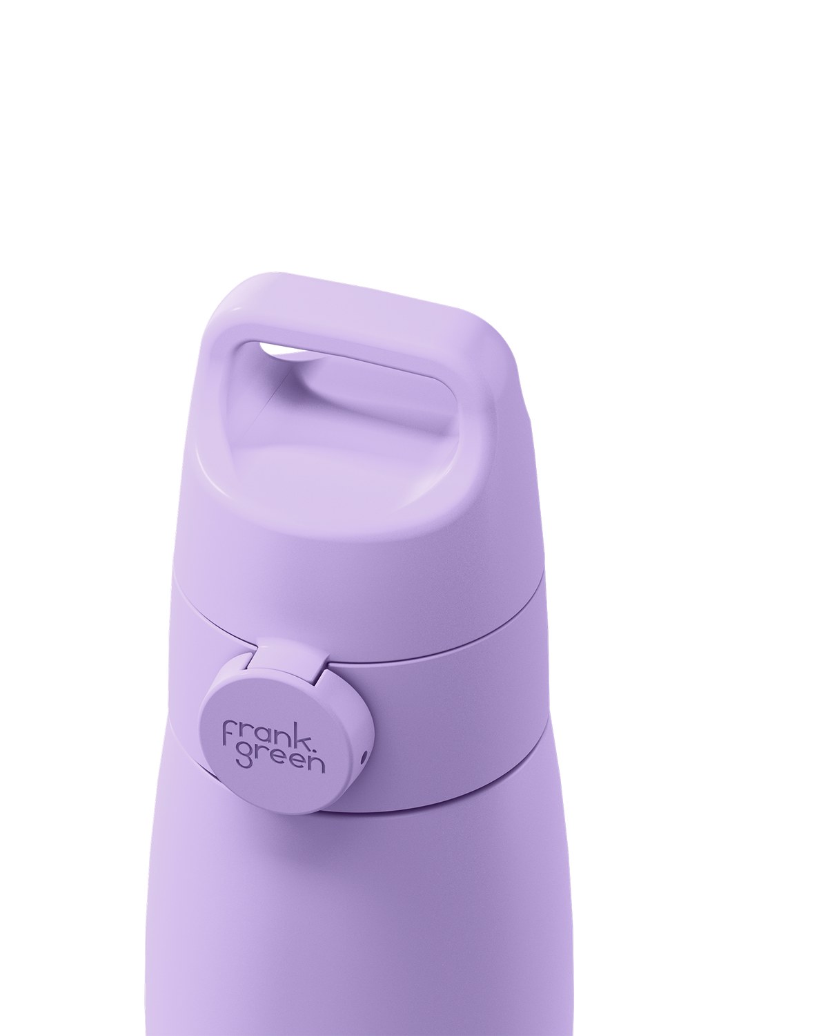 Close-up of a lavender purple grip handle lid with a built-in carry handle and a circular 'frank green' logo tab, closed on the matching bottle against a plain white background.