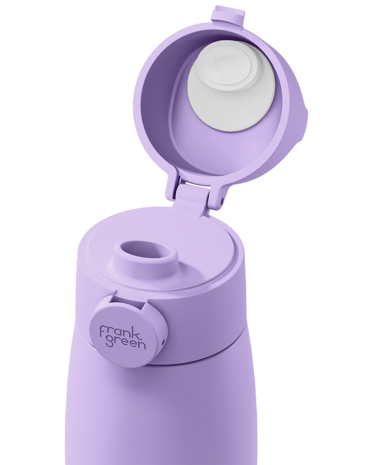 Close-up of a lavender purple grip handle lid flipped open on the matching bottle, showing the white inner seal, drinking spout, and circular 'frank green' logo tab on a plain white background.