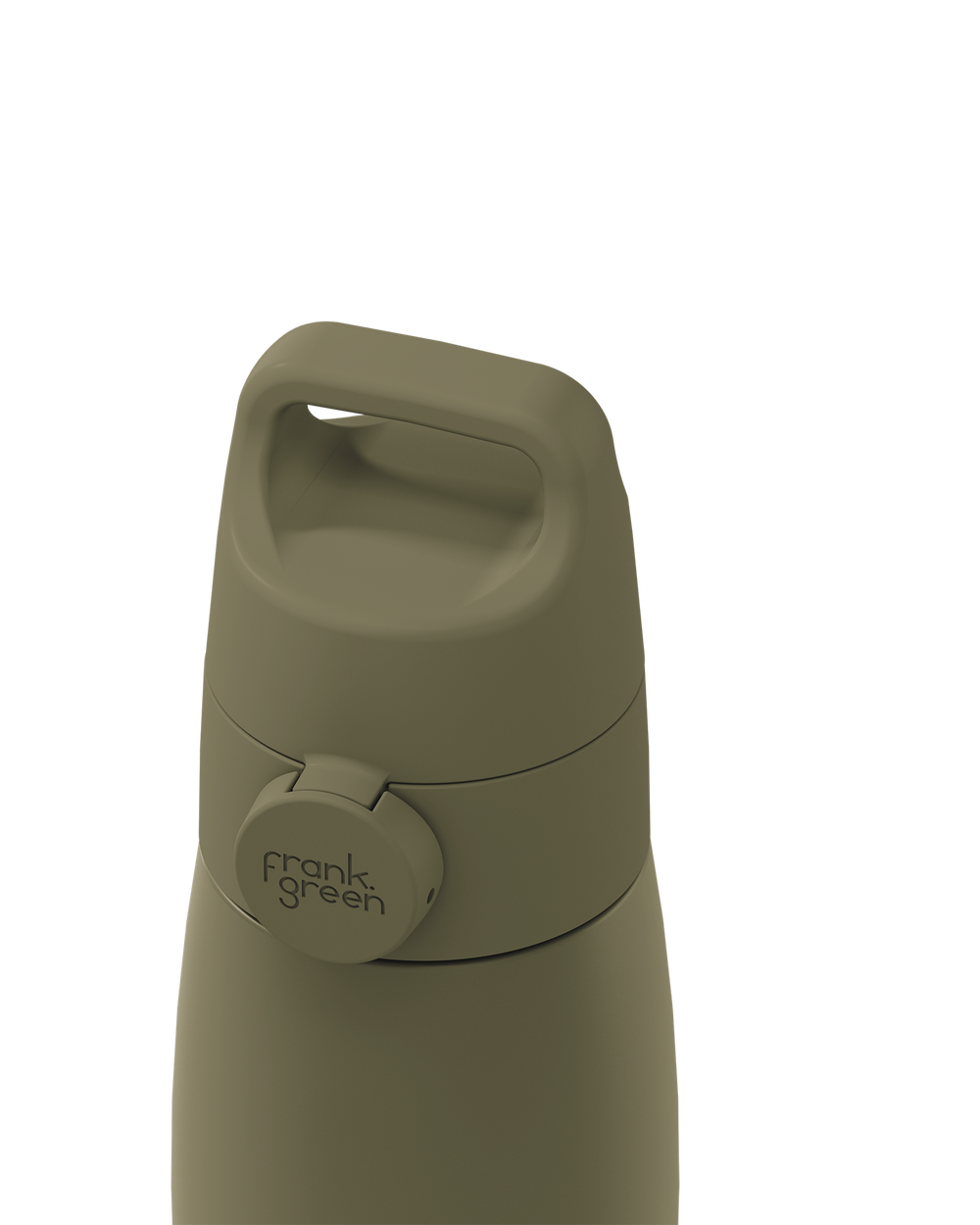 Close-up of an olive green grip handle lid with a built-in carry handle and a circular 'frank green' logo tab, closed on the matching bottle against a plain white background.