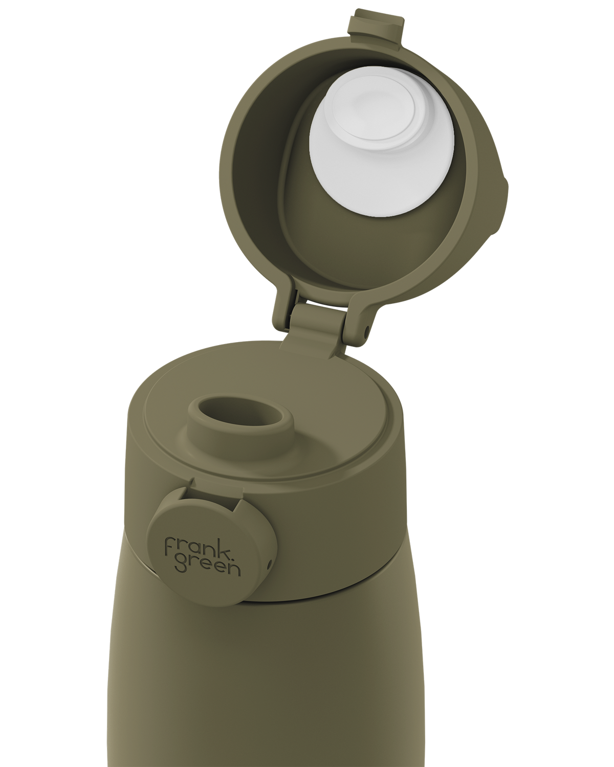 Close-up of an olive green grip handle lid flipped open on the matching bottle, showing the white inner seal, drinking spout, and circular 'frank green' logo tab on a plain white background.