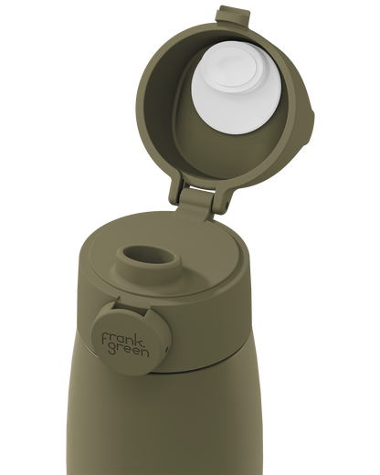Close-up of an olive green grip handle lid flipped open on the matching bottle, showing the white inner seal, drinking spout, and circular 'frank green' logo tab on a plain white background.