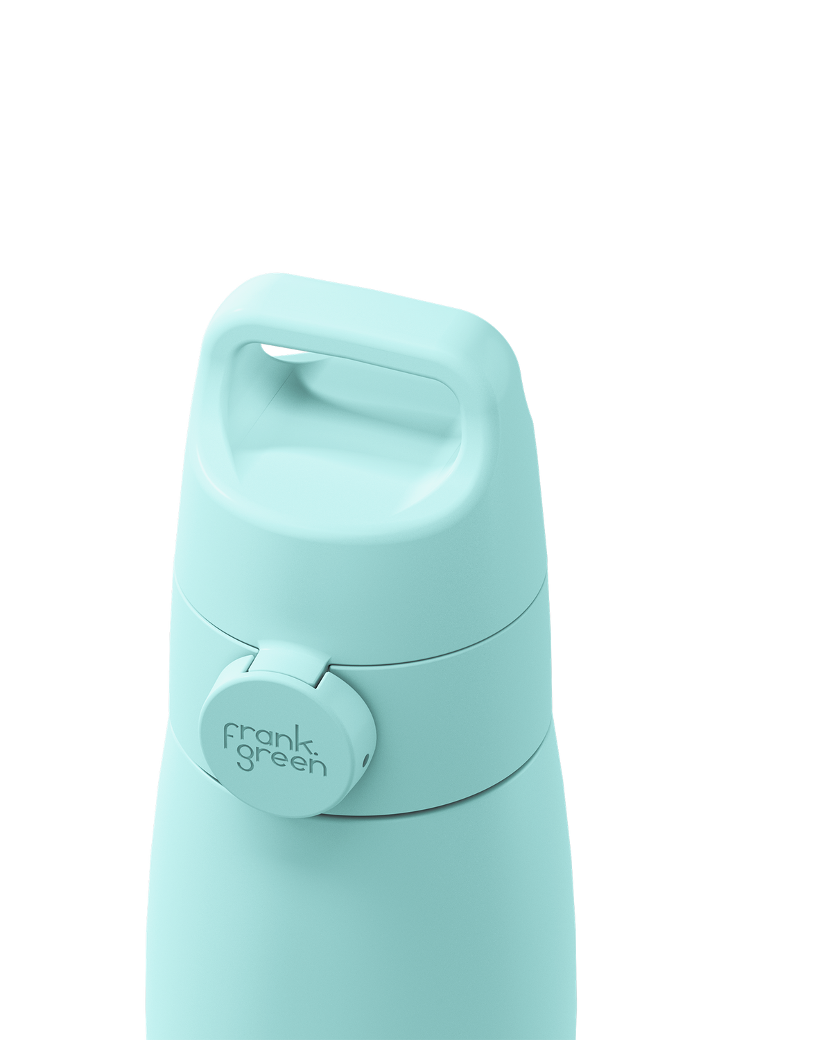 Close-up of a mint green grip handle lid with a built-in carry handle and a circular 'frank green' logo tab, closed on the matching bottle against a plain white background.