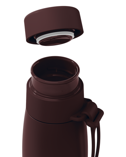 Close-up of a dark brown thermal lid lifted off a 20oz insulated bottle, showing the seal and open neck.